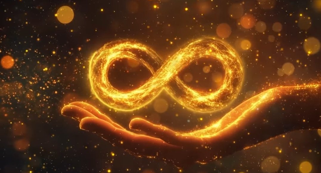 Symbole de l’infini tracé en particules dorées au creux d’une main ouverte, emblème de la signature de FK EVENTS